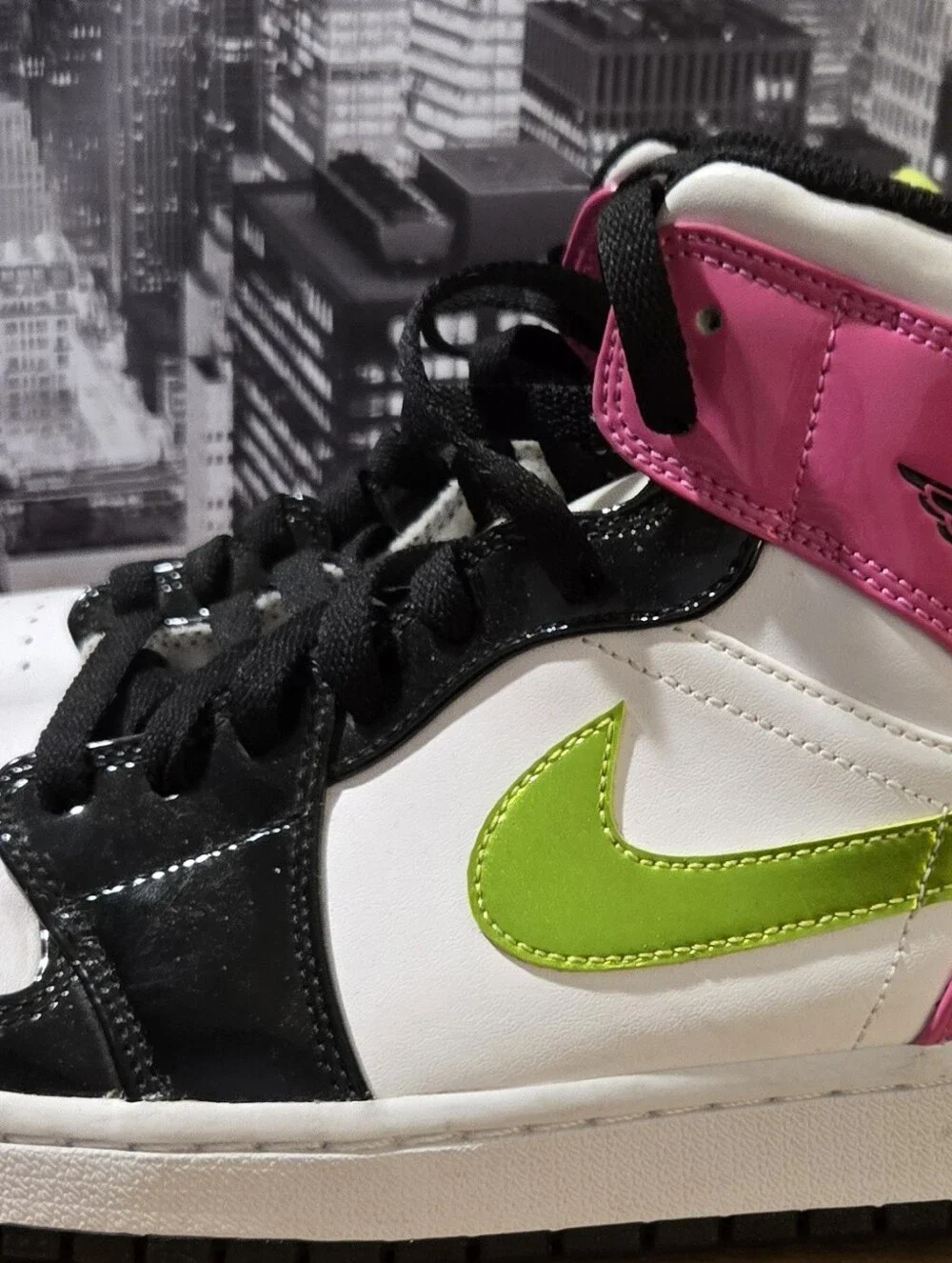 Jordan 1 Mens High-Top Sneakers in White, Black, Pink & Neon Yellow